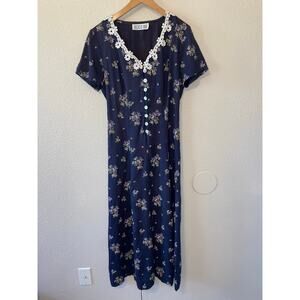 VTG Decked Out 90's Cottage Core Blue Floral Button Up Short Sleeve Maxi Dress L